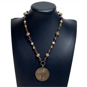 Labyrinth Peace Bronze Circle Pendant Necklace Beaded 16-18"
